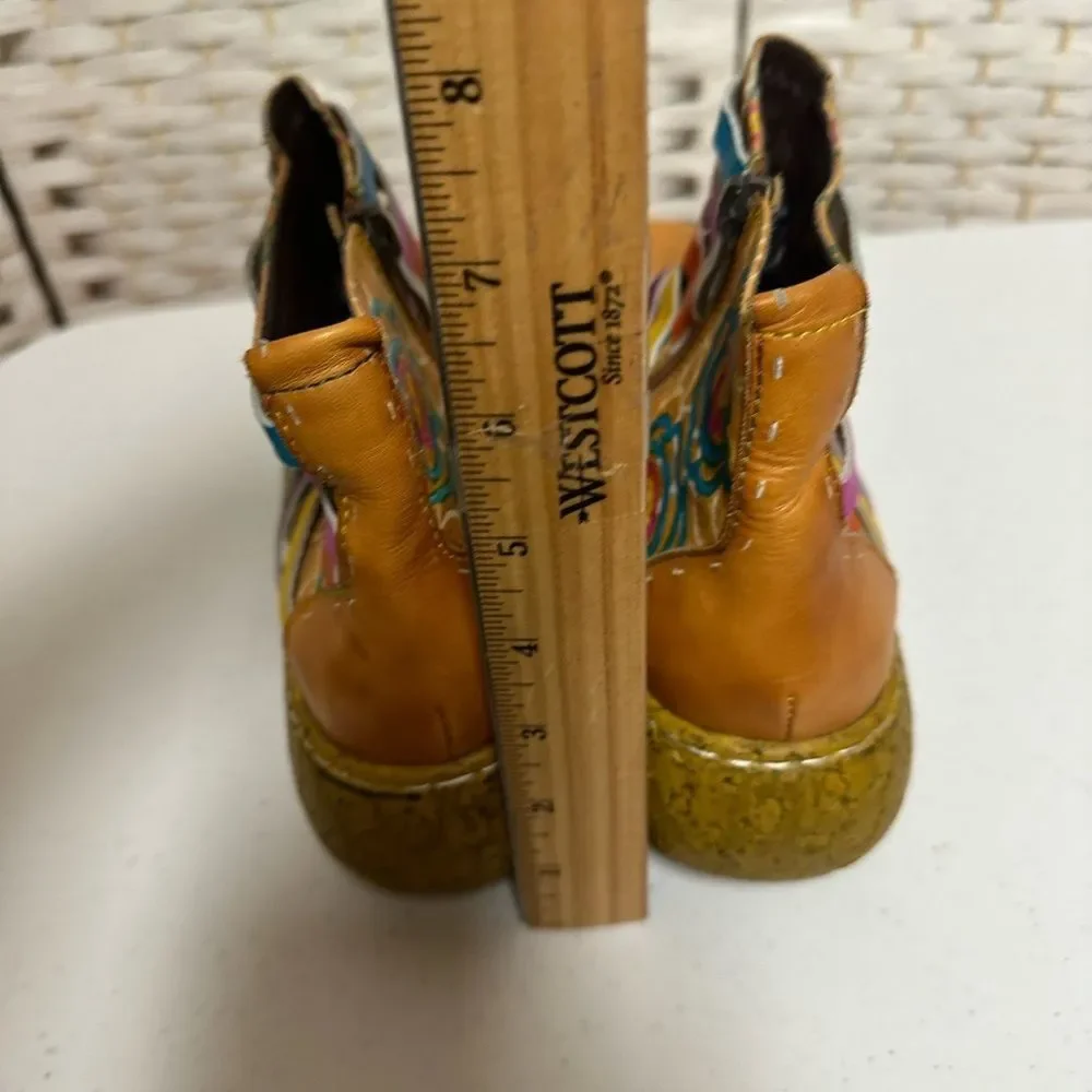 Socofy Ankle boots women’s sz 6.5eu 37 boho like new colorful cork look heel zip